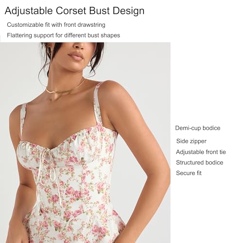 Image of Floral Corset Midi Dress Square Neck A Line Dress with Slit | Square neck floral midi dress with front tie bust wide straps A-line skirt side slit and lightweight fabric