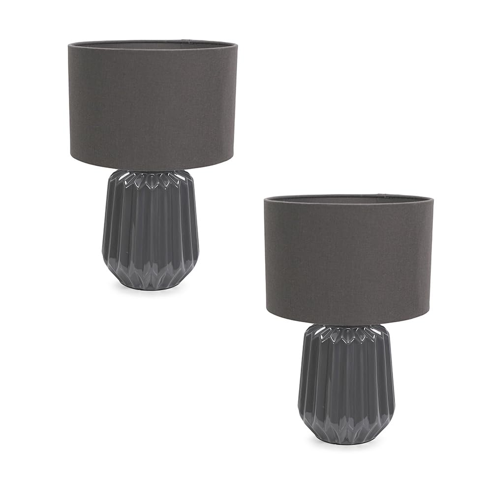 ValueLights Zak Pair Pleated Textured Ceramic Table Lamps with Fabric Shades & LED Bulbs in Grey