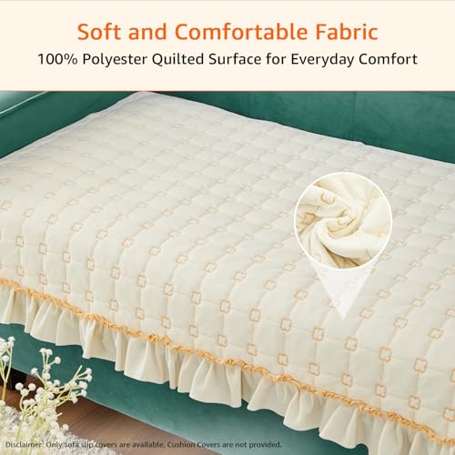 Image of Amazon Basics Quilted Sofa Cover for Three Seater, Modern Grid Pattern, Non-Slip Sofa Pad, 70x180 cm, Soft Silicone Grip Dots, 100% Polyester, Machine Washable - Off-White