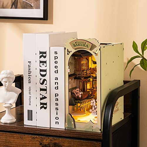 Rolife Book Nook Kits for Adults Falling Sakura DIY Miniature Kit with LED Light for Desk Library Bookshelf Decoration 3D Wooden Puzzle Booknook Model Kits for Adults to Build Gifts for Women - Image 3