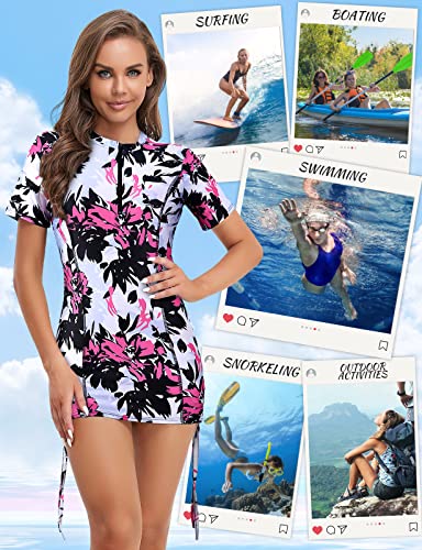 Luranee Short Sleeve Rash Guard Women,Upf 50 Swim Shirt Uv Sun Protection Half Zip Summer Workout Top Lightweight Wetsuit Tunic White Pink Floral Medium #TOP3