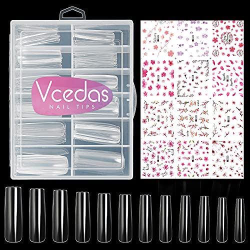Vcedas 120PCS Extra Long French Nail Tips Full Cover Long Square XL Nail Tips Press on Nails with Cherry Blossom Nail Art Stickers for Nail Designs