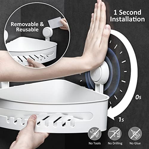 LEVERLOC Corner Shower Caddy Suction Cup Shower Shelf NO Drilling Shower Corner Basket Suction Heavy Duty Max Hold 10KG for Bathroom & Kitchen Corner Shower Rack- White in Plastic