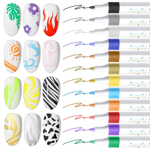 Image of 12 Colors Nail Art Pens Set: 0.7MM Quick Dry Nail Art Markers Polish Pen for 3D Nail Art Design Acrylic Paint Markers for Dotting Drawing Painting Liner Brush Tools for Adults Home Manicure DIY