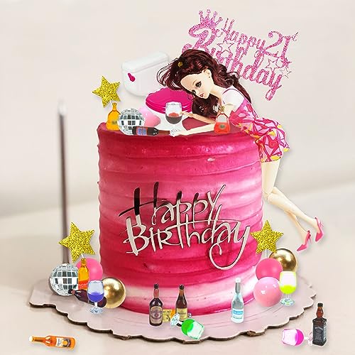 Drwate GCMGM10006 Mini Wine Bottles Cake Toppers With 12 Mini Wine Bottles 5 Mini Wine Glasses 1 Toilet Toy 1 Beauty Doll 21St Birthday Cake Topper For Celebrating Birthday 21St Girl Party thumb #4