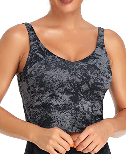Image of Oalka Sports Bra Womens Longline Padded Crop Yoga Tank Tops | Built in Bras, Workout, Athletic, Fitness, Super Soft, Comfort, Cropped Top, Removable Pads, Heart Neckline For Women