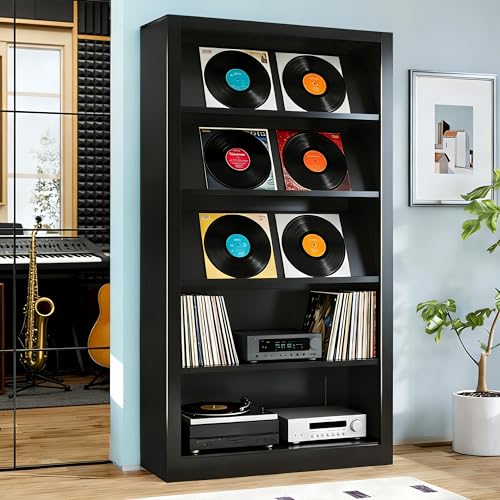 Image of Large Vinyl Record Storage Cabinet, Heavy-Duty Metal Record Player Stand with Adjustable Shelves, 66 inch H Media Shelf Organizer for LP Albums, Turntable & Audio Equipment, Black