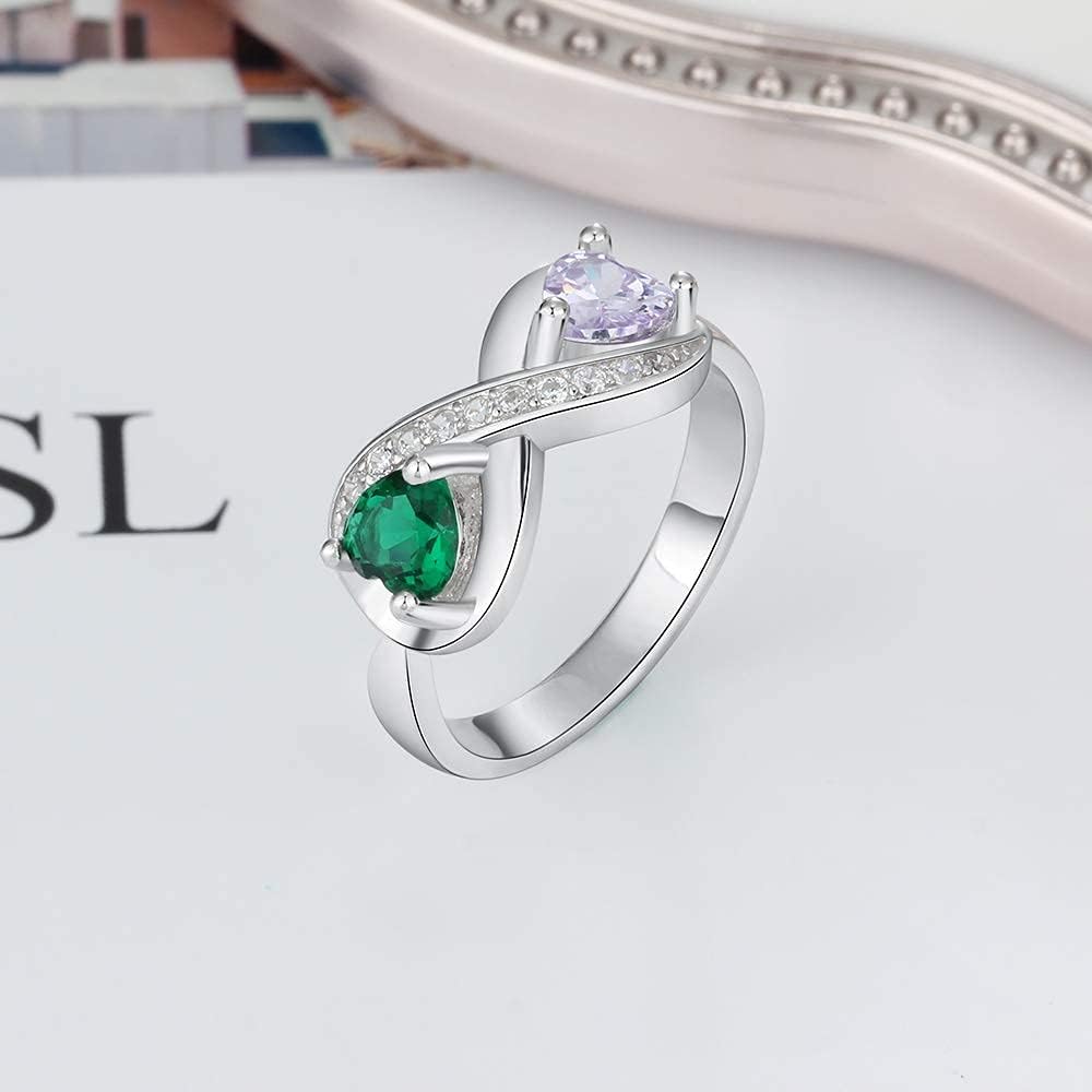 Mothers Rings with 2 Simulated Birthstones Personalized Engagement Promise Rings for Her Jewelry for Mom Grandma (silver 3, 7)