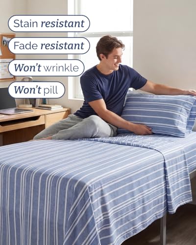 Image of Twin XL 4 Piece Sheet Set - College Dorm Room Essentials - Blue Stripes | Ultra Soft Dorm Bedding Set, 8 inch to 16 inch Inch Deep Pockets, 1 Flat & 1 Fitted Sheet & 2 Pillowcases, Wrinkle & Fade Free