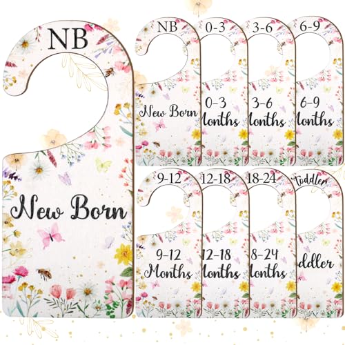 Image of CORNER LACE Baby Closet Dividers 8PCS, Wildflower/Floral Theme Wooden Double-Sided Clothes Size Hanger Organizer from Newborn to Toddler for Nursery Decor Baby Shower Birthday Gift