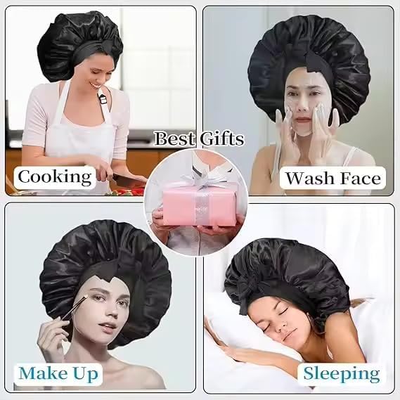 Image of Silk Bonnet for Hair with 3 Scrunchies, Adjustable Silk Hair Cap for Sleeping, Satin Bonnet for Curly Hair, shower cap with Wide Elastic Tie Band (Purple)