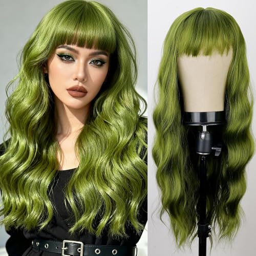 YOSILADY Green Wig with Bangs Soft Long Wavy Wigs for Women 26 Inch Natural Looking Synthetic Wigs for Halloween Cosplay and Parties Use (Green)