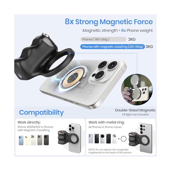 Magnetic Phone Camera Grip, Smartphone Shooting Holder Selfie Handle Snap with Wireless Shutter Button Remote for iPhone 16 15 14 13 12 Pro Max Android Cellphone Vlog Video Photography (Black) - Image 5