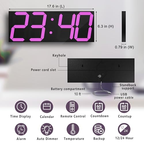 Image of CHKOSDA LED Large Digital Wall Clock, Oversize Wall Clock with 6 inch Numbers, Remote Control Count up /Countdown Timer Clock, Auto Dimmer, Big Calendar and Thermometer(Purple)
