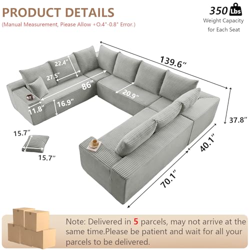 Image of Oversized Modular Sectional Sofa Couch, Large 8 Seater Corner Sofa Modern U Shaped Sectional Couch Cloud Couches for Living Room, Office, Spacious Space, Corduroy,No Assembly Required, Light Grey