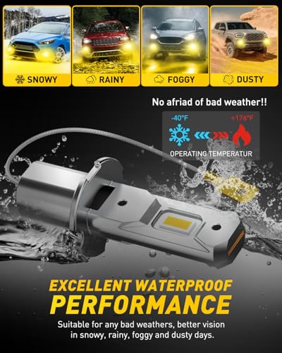 Image of AUXITO H3 LED Bulb Yellow 3000K, 16,000LM 600% Super Brighter, 10 Years Lifespan, 1:1 Size Plug-n-Play, 100% Perfect Installation, H3 LED Fog Lighr Bulb for Fog Lamp, DRL, Canbus Ready, Pack of 2