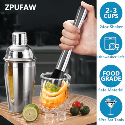 Zpufaw JJTZ6 6-Piece Cocktail Shaker Set 24Oz Shaker Strainer Muddler Jigger Mixing Spoon Pour Spout Bartender Kit Stainless Steel Bar Set Housewarming Gift thumb #1