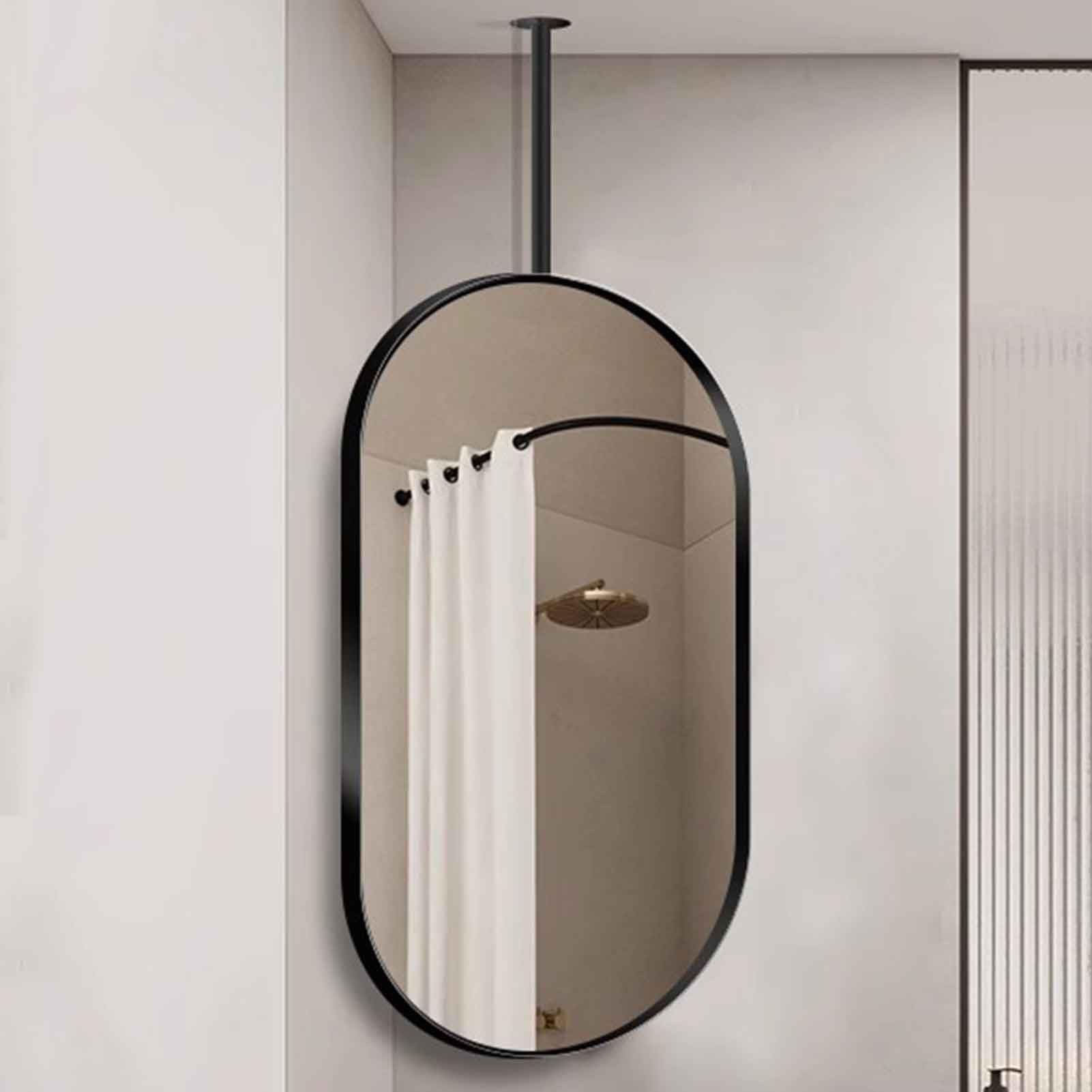 FGXHHS Oval Modern Hanging Rod Mirror, Home Hotel Floating Bathroom Vanity Makeup Mirrors, Black Metal Framed Decor Mirrors(50cmx70cm)