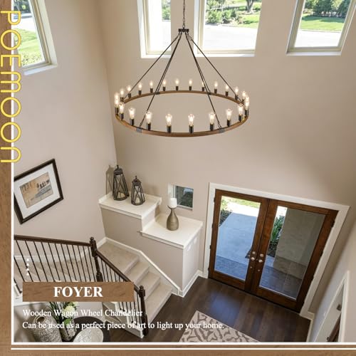 Image of Oak Wooden Wagon Wheel Chandelier 24-Light 59 inch Light Fixture