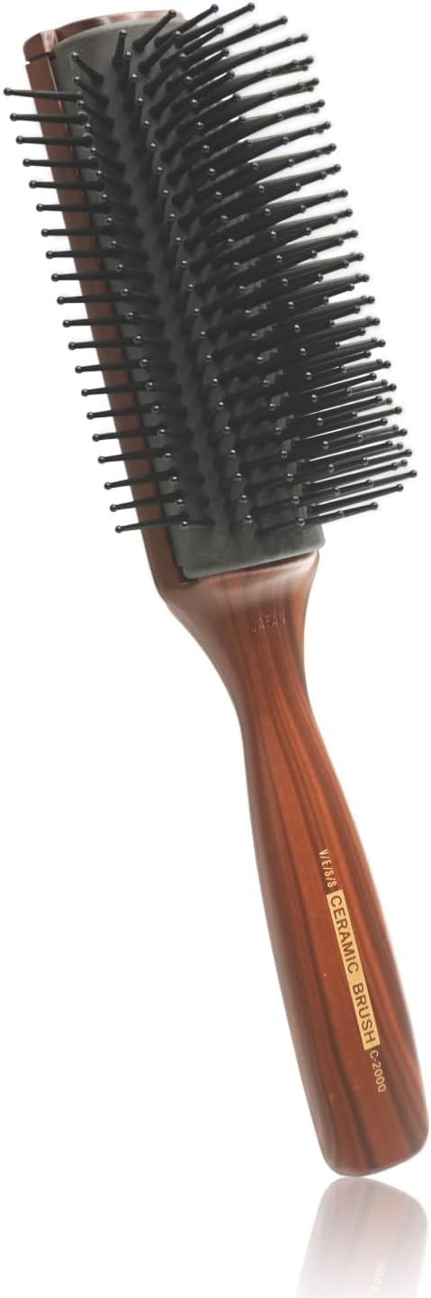 Vess C-2000 Professional Hair Brush Tourmaline Ceramic 9 Row Round Tip Curved Pad Anti-static Natural Rubber Specialized Pin Structure