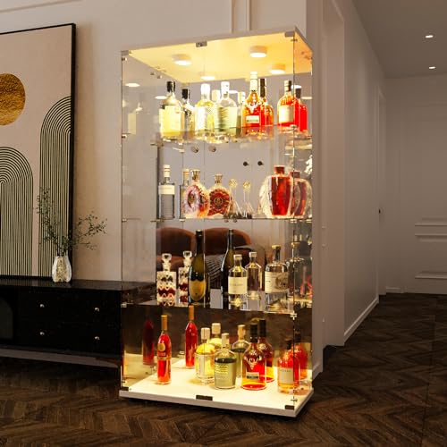 Vitrina de cristal con espejo 164 x 80,5 x 36,5 cm, vitrina para colección con puertas de cristal y LED, armario de cristal de pie con 4 estantes, gabinete vitrina de cristal para el hogar y la
