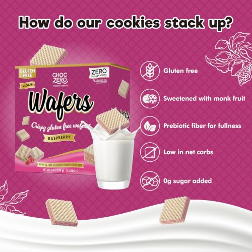 Image of ChocZero Sugar Free Raspberry Wafer Cookies, No Sugar Alcohols, Keto, Gluten Free, Vegan, High Fiber, 16 Count, 8 oz Box