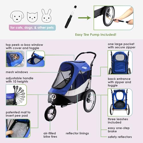 Image of Petique Trailblazer Pet Jogger /Stroller, Bike Trailer, Shock Absorbing Bike Wheels, Large Entry Way, Peek-a-Boo Window, Small /Medium /Large Dogs, Cats and Pets, Supports up to 77LBS - Atlas (Blue)