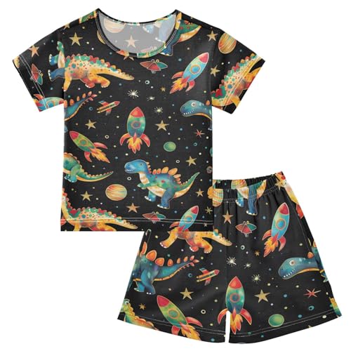 ALAZA Colorful Space Dinosaur Star Pajamas Short Sleeve 2 Piece Sleepwear Top and Bottom Pajama Set Unisex