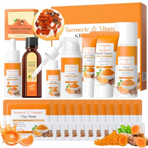 21Pcs Turmeric & Vitamin C Skincare Set, Facial Skin Care Routine Set with Serum, Toner, Cleanser, Eye Cream, Face Cream, Soap Bar, Mud Mask, Facial Oil and Hair Oil, Bath Boom, Gifts for Women Girls