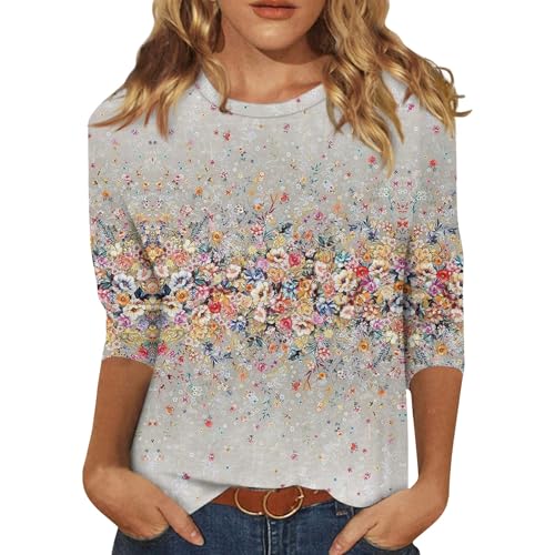 Womens 3/4 Sleeve Tops Womens 3/4 Sleeve T Shirts 3/4 Length Sleeve Womens Tops 2025 Spring Print Round Neck Shirts Loose Fit Three Quarter Sleeve Tshirts Large Gray