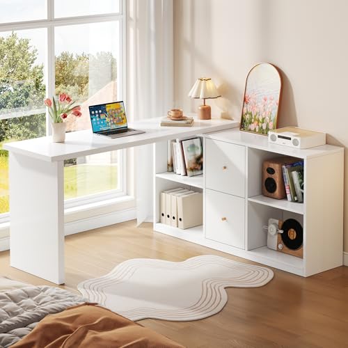 staronce Escritorio esquinero blanco en forma de L – Montable por ambos lados (izquierda/derecha), 120 x 50 + 130 x 35 cm, con 2 cajones y 4 compartimentos abiertos – Escritorio de ordenador para