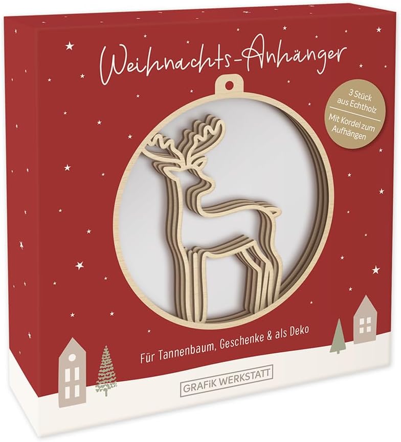 Graphic Workshop Wooden Christmas Pendants, Tree Decoration, Pack of 3, Reindeer, Brown