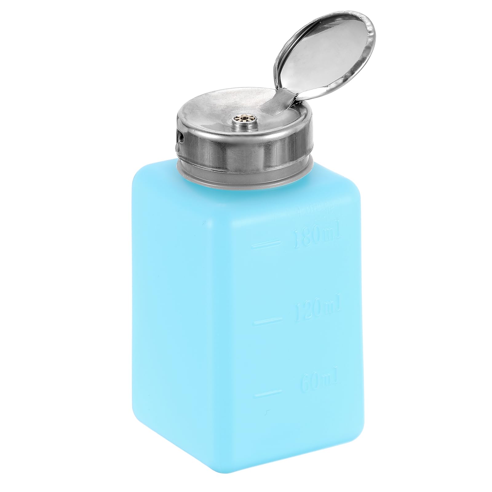 Solvent Alcohol Dispenser 180ml(6.1oz) Nail Polish Remover Push Down Liquid Dispenser Pump Bottle with Stainless Steel Press Head for Acetone Cleanser Polish Remover, Blue