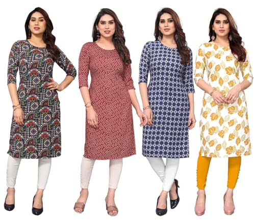 Image of JAKHANA Women's Crepe Printed Casual Straight Calf Length Round Nick Kurta Pack of 4