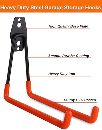Miniatura 10 de Ganchos de garaje, paquete de 10 ganchos dobles de acero para almacenamiento de garaje, ganchos dobles, resistentes para montaje en pared,