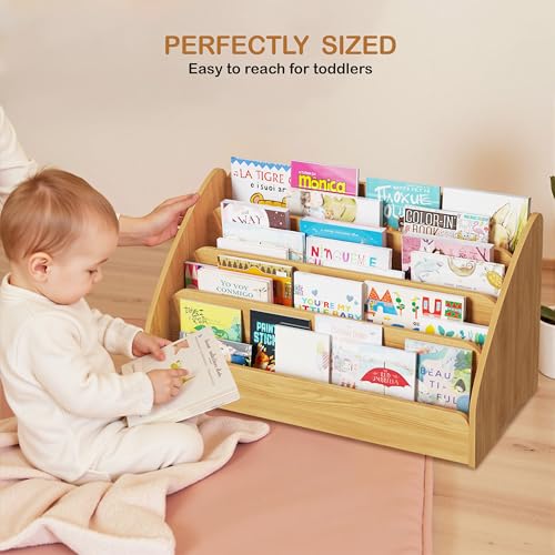 Image of Lkeiyay Kids Bookshelf - Montessori Shelf for Toddlers, 4-Tier Wooden Book Display Storage, Open Front Design for Classroom & Bedroom