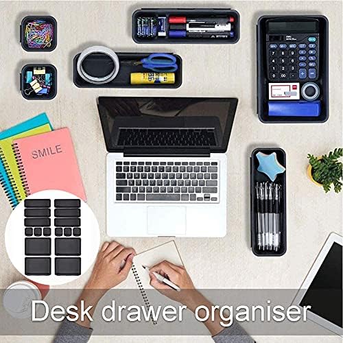 16PCS Desk Drawer Organisers Trays, 3-Size Plastic Makeup Drawer Storage Dividers with Non Slip Dots, Interlocking Adjustable Drawer Storage Trays for Kitchen & Home Office, Black