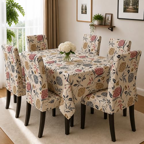 Image of Polycotton Printed Dining Table Cloth with Dining Chair Covers,Slipcovers (6 Seater Table Cover + 6 Chair Cover) (Cream Flower)