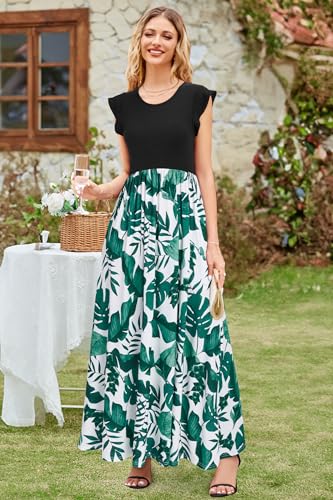 Image of OUGES Women's Maternity Dress Summer Ruffle Sleeve Patchwork Casual Flowy Maxi Dresses with Pockets