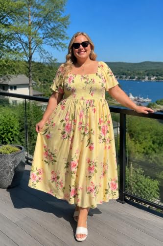 Image of RITERA Plus Size Dresses for Curvy Women Square Neck Short Sleeve Summer Floral Smocked Maxi Dress with Pocket XL-5XL