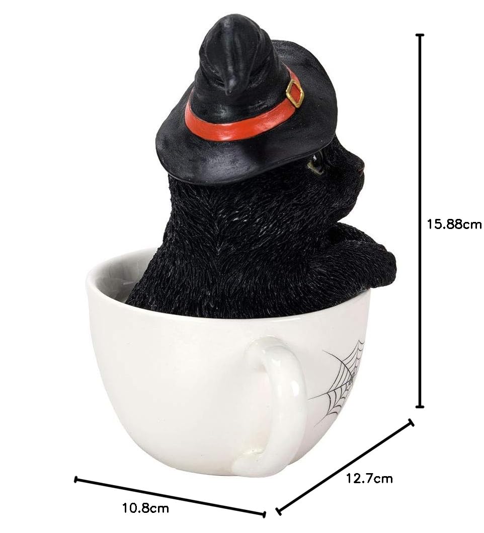Pacific Giftware Schwarze Hexen Katze in Tasse 16 cm - Figur Deko Statue Halloween Kitty Hexenhut