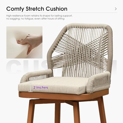 Image of PURPLE LEAF Swivel Counter Height Bar Stools Set of 2, Cushion, Deep Teak | 360 Rotating, All-weather Wicker, Heavy Duty Aluminum, Removable Cushion, Ergonomic Backrest, Indoor Outdoor, Easy Clean