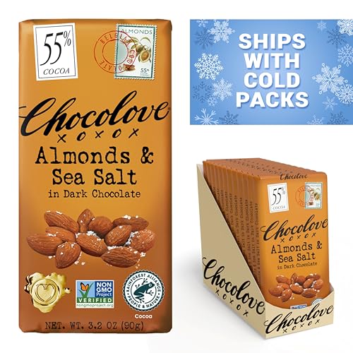 Chocolove Almonds & Sea Salt Dark Chocolate Bars | 55% Cocoa | Crunchy Almonds with a Salty Twist | Premium Belgian Dark Chocolate | Non-GMO & Gluten-Free, 3.2 oz Bar (12 Pack)