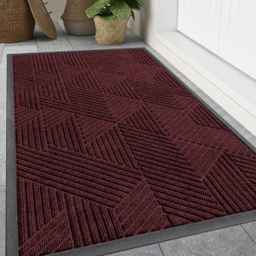 Smiry Front Door Mat Outside Entrance, Heavy Duty Sturdy Natural Rubber Doormat, Trap Dirt and Moisture, Easy Clean Low Profile Welcome Floor Mats for Indoor Outdoor Entry, 59x24 Inch, Dark Red