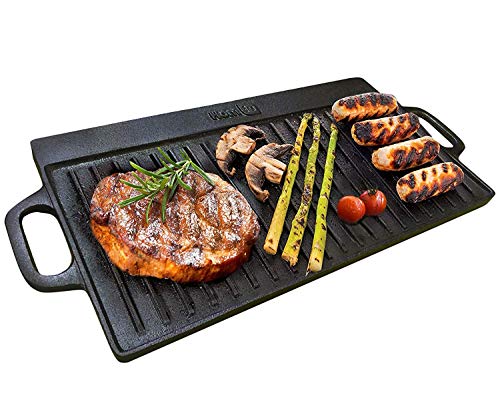 Homiu Reversible Cast Iron Griddle Pan | Pre-Seasoned Non-Stick BBQ Griddle Grill with Handles | Suitable for Oven Safe, Induction, Gas Hob | Cooking, Flat & Ridged Surfaces | All Hob Types