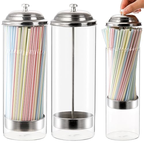 ZEAYEA 2 Pack Glass Straw Dispensers, Clear Glass with Stainless Steel Lid, Drinking Straw Organizer Containers for Home, Restaurant, Bar