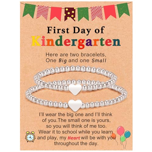 Image of 2Pcs First Day of Kindergarten Preschool Bracelets for Mommy and Me, Matching Heart Beaded Bracelets for Mother Daughter