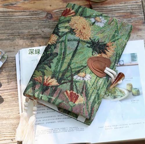 手帳 Yinhece 上製本 秋の花木 油絵 日記帳 記録 手作り 針絵 布製 せいこう 軽量 (深緑-3mm方眼(点線))