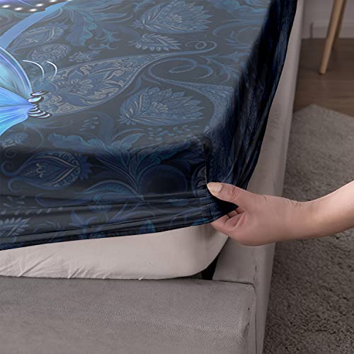 Hosima Blue Butterfly Bedding Set For Girls Bedroom Set,Mandala Bedding Boho Floral Twin Fitted Sheet Set,Butterfly Print Fitted Sheet Queen Size, 1 Fitted Sheet+2 Pillowcases. #TOP4