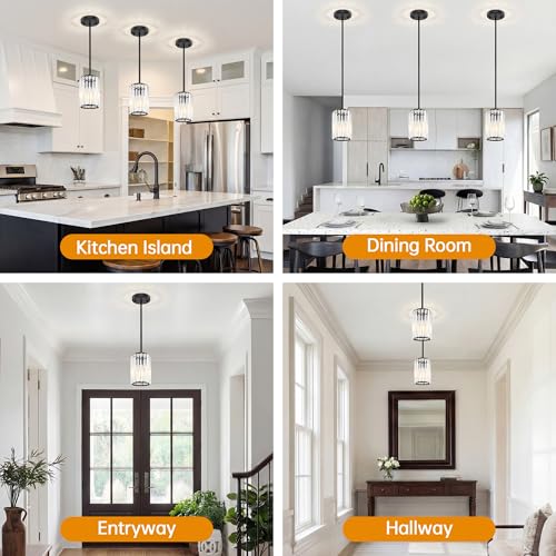 Esfos Black Pendant Light, Modern Crystal Pendant Lights Kitchen Island, Kitchen Island Lighting with Adjustable Height, UL Certified Island Lights for Kitchen Dining Room Bedroom Hallway 1 Pack, E26 - image 3